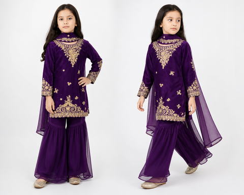 Royal Purple Festive Embroidered Sharara Suit with Dupatta