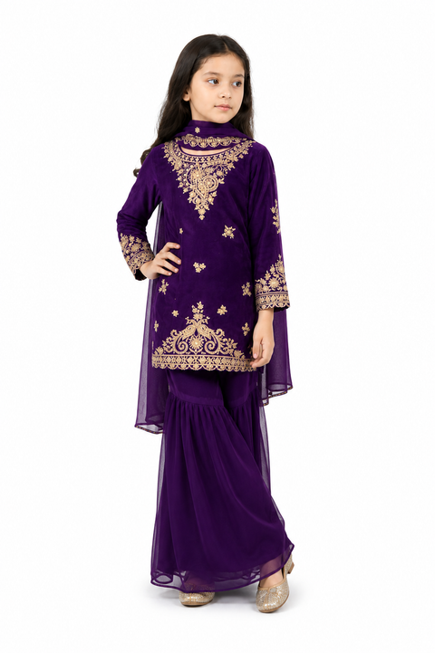 Royal Purple Festive Embroidered Sharara Suit with Dupatta