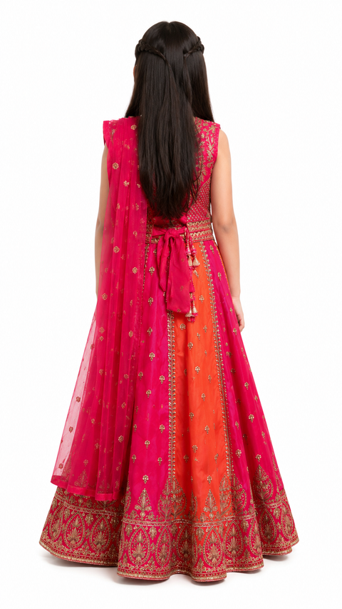 Radiant Fuchsia & Orange Embroidered Lehenga Choli Set
