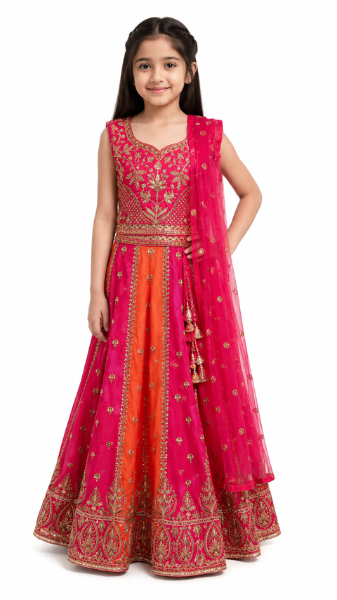 Radiant Fuchsia & Orange Embroidered Lehenga Choli Set