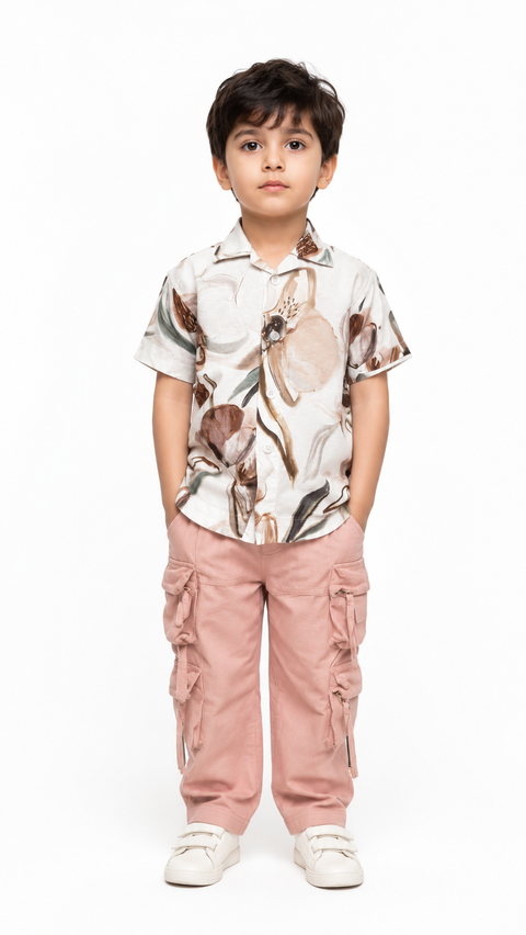 Abstract Print Casual Ensemble Relaxed Fit Shirt & Soft Cotton Cargo