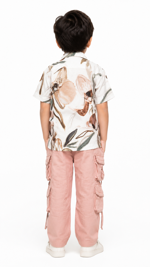 Abstract Print Casual Ensemble Relaxed Fit Shirt & Soft Cotton Cargo