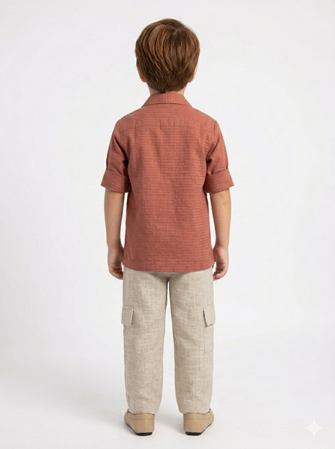 Rust Floral Embroidered  Shirt with Beige Jute Cotton Cargo