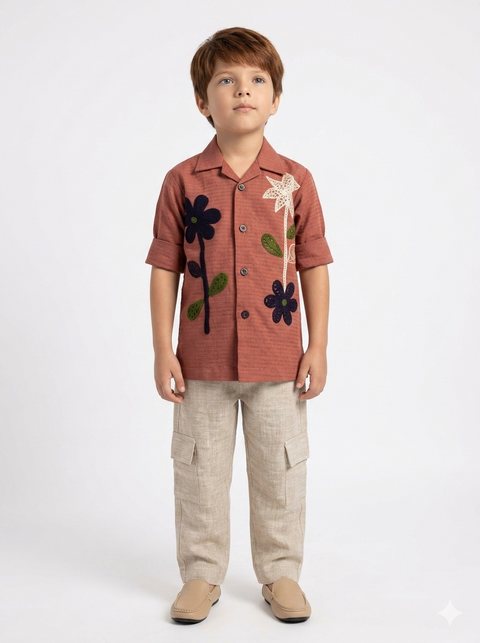 Rust Floral Embroidered  Shirt with Beige Jute Cotton Cargo