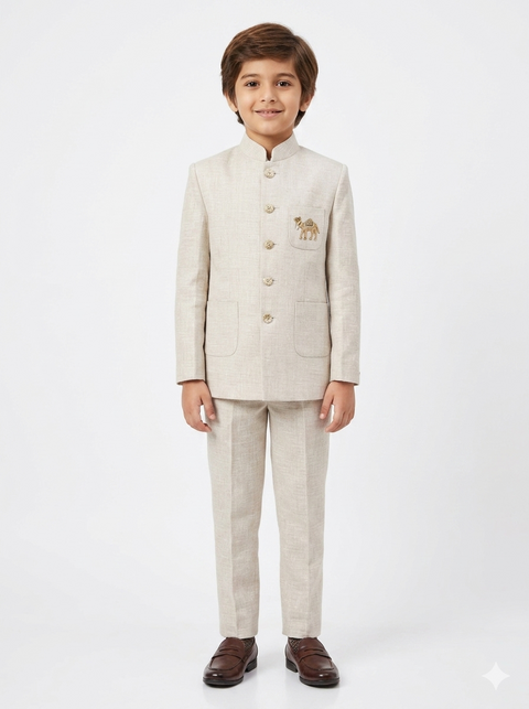 Cream Indowestern Set ( Jacket & Mandarin Collar and Full Sleeves )